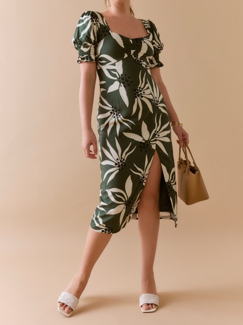 Francesca’s Adella Sweetheart Palm Print Midi Dress